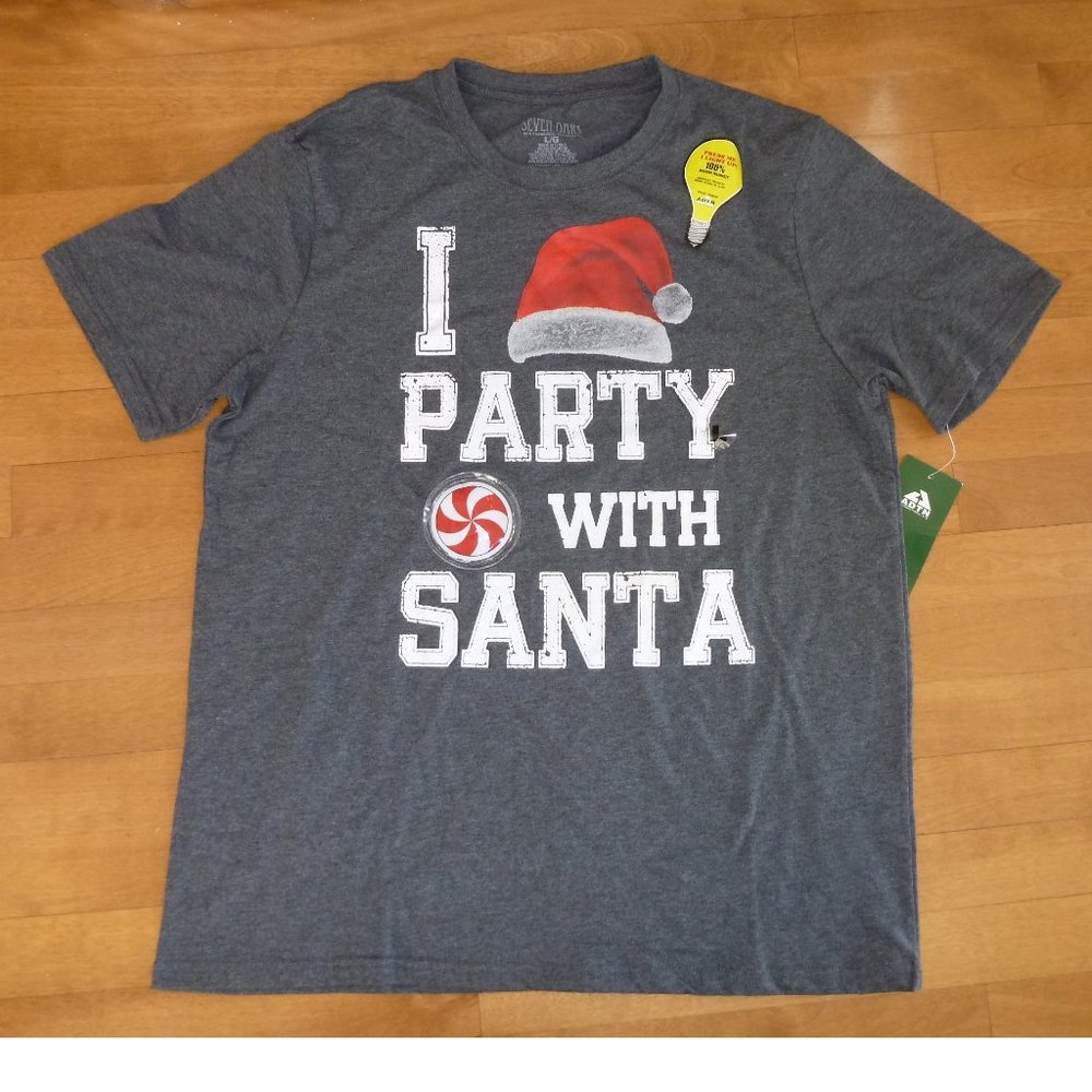 Adult Mens Christmas Lights Up T-shirt "I Party With Santa" Size Large  NWT